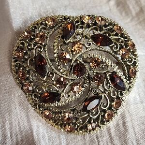 Root Beer Rootbeer Topaz Navette Round Rhinestone Vintage Gold Tone Brooch EUC